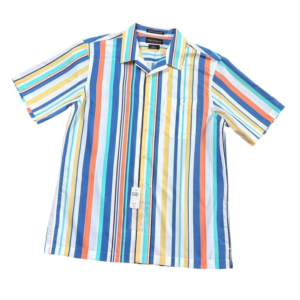 NWT Paul Fredrick Mens Slim Fit Short Sleeve Cotton Striped Button Down Shirt L